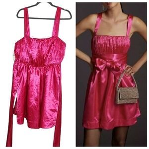 NWT Maeve Anthropologie pink satin bow tie smocked mini dress. Pockets.Size 14.